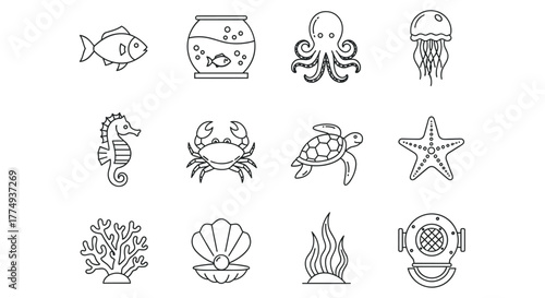 Collection of minimalistic thin line icons representing various marine life and underwater elements, including a fish in a bowl, octopus, jellyfish, seahorse, crab, turtle, starfish, coral, seashell