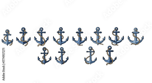 Collection of twelve blue anchor icons with rope details, presented in a neat, ordered row and a second staggered row against a stark black background, ideal for nautical or maritime graphic design
