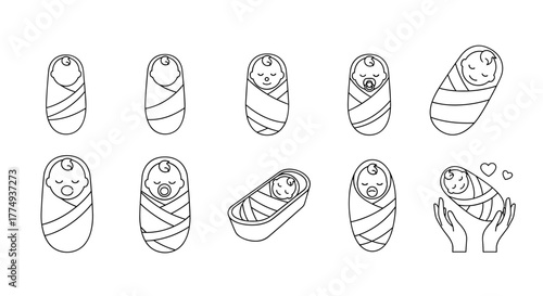 Set of 10 minimalistic thin outline icons depicting babies in various swaddling positions and scenarios, including a baby in a bassinet and a baby held in hands, perfect for web, graphic design