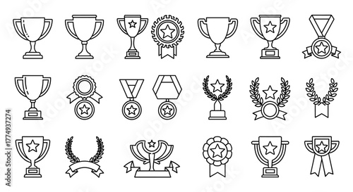 A collection of award and trophy icons in a vector format, featuring a trophy cup, winner medal, and other symbols of achievement and victory, presented in a clean and ordered line icon set, perfect
