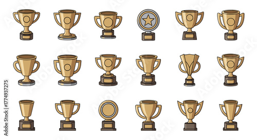 Collection of 16 unique golden trophy cups and awards, representing champions and victory, presented in a clean, ordered line against a stark black background, perfect for sports, business, or