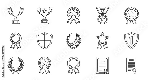 Collection of outline award and competition signs including trophies, medals, ribbons, shields, laurel wreaths, stars, and certificates, perfect for infographics, articles, books, flyers, and