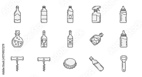 A collection of stylized line art icons representing various bottles and related accessories, including water bottles, wine bottles, baby bottles, spray bottles, corkscrews, bottle caps, and bottle
