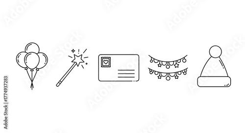 Vibrant vector cartoon illustration featuring a collection of festive icons including balloons, magic wands, postcards, garlands, and a holiday hat outline, perfect for design projects, cards, apps