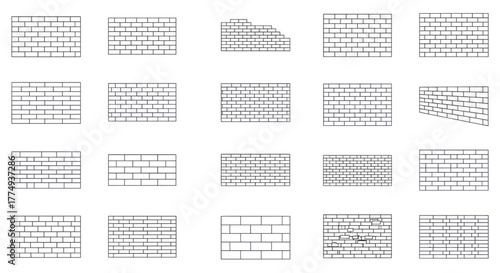 Collection of 20 editable stroke brick wall outline vector illustrations, perfect for infographics, articles, books, flyers, and banners, offering a versatile cartoon style for various design