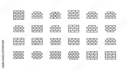 Collection of simple flat line icons representing various brick wall patterns and textures, perfect for graphic design and architectural visualizations. This ordered set offers a clean, modern