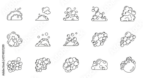 Collection of 15 outline icons representing various bubble and foam formations, perfect for graphic design, book illustrations, advertisements, and app interfaces. This vector cartoon set features