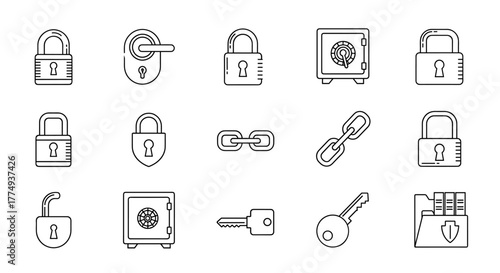 Thin line icon set featuring various security elements like padlocks, safes, keys, door handles, and chain links, presented in a clean, modern outline style suitable for graphic and web design, app