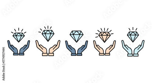 Set of five minimalistic vector icons depicting a sparkling diamond or gemstone held above open hands, symbolizing value, protection, and preciousness, presented in a clean, cartoon illustration