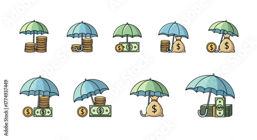 Collection of cartoon-style icons depicting various financial assets like coins, banknotes, and money bags protected by umbrellas, symbolizing financial security, investment protection, and insurance