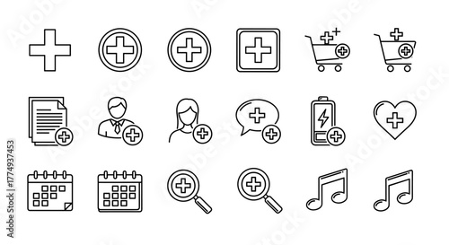 A collection of plus sign related line icons, featuring outline signs perfect for graphic and web design, apps, adverts, and various cards. This vector cartoon illustration includes a white