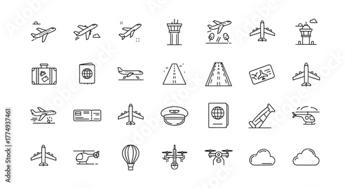 A comprehensive collection of minimalistic line icons representing aviation and travel elements, perfect for web design, graphic design, app interfaces, banners, social networks, and card designs