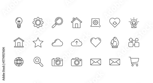 A collection of clean and modern outline icons representing various concepts including technology, business, communication, and lifestyle, perfect for web design, app development, and graphic