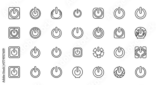 Abstract outline power button logo design, a clean and modern vector illustration with a white background, perfect for technology, startup, or interface design projects, featuring a minimalist and