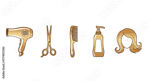 Golden gradient set of icons representing hair salon essentials: a hairdryer, scissors, a comb, a bottle of shampoo or conditioner, and a stylized woman's wig, all on a black background, perfect for