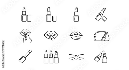 Set of minimalistic linear icons of lipstick, presented in a clean, modern line art style. This collection features various depictions of lipsticks, including open and closed tubes, application on