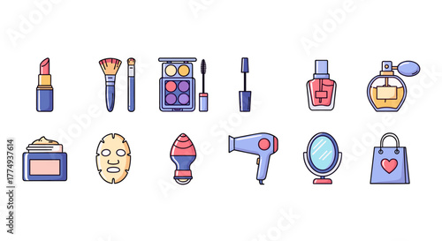 A vibrant and clean vector cartoon illustration featuring a set of essential cosmetics and beauty tools, including lipstick, makeup brushes, eyeshadow palette, mascara, perfume bottles, face cream
