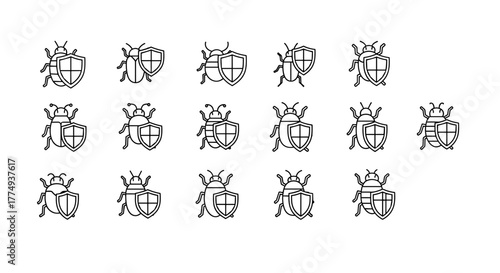A collection of minimalistic linear vector illustrations featuring a stylized bug symbol combined with a shield, representing protection, security, and bug fixing. These icons are perfect for web