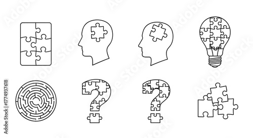 Set of line art icons representing puzzle pieces, human heads with puzzle pieces inside, a lightbulb made of puzzle pieces, a maze, question marks formed by puzzle pieces, and a cluster of puzzle