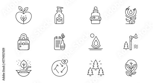 A collection of minimalistic, thin-line pictograms representing health, water, and trees, suitable for apps, articles, and websites, embodying nature, growth, and well-being with a clean, modern