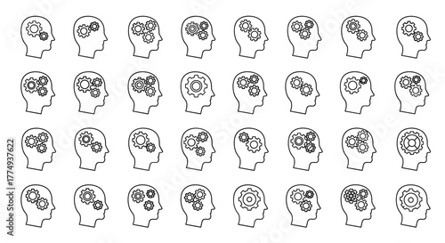 Collection of simple linear outline illustrations of human heads with gears inside, symbolizing thought processes, ideas, and mechanical thinking. Editable stroke vector graphics perfect for