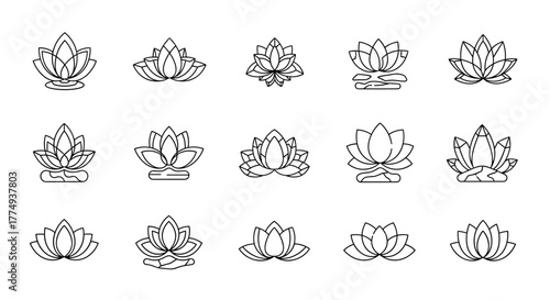 Set of 15 stylized lotus flower icons, presented as clean white line art on a black background, symbolizing purity, enlightenment, and tranquility, perfect for yoga studios, meditation apps, and