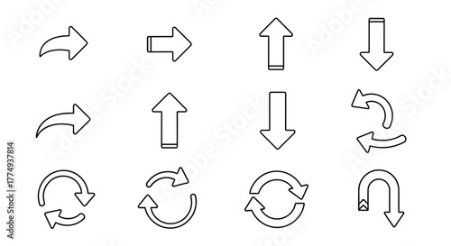 Collection of outline arrow icons, including right-pointing, up, down, and circular arrows, presented on a white background, ideal for graphic design, web development, app interfaces, advertisements