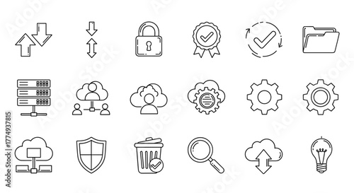 Collection of outline icons representing cloud computing, data storage, security, and business processes, including arrows, locks, checkmarks, servers, folders, and gears, with editable strokes