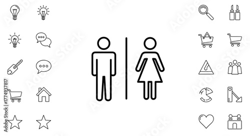 Monochromatic line art icons depicting male and female restroom symbols, a central vertical divider, and a surrounding collection of diverse icons including a lightbulb, shopping cart, house, star