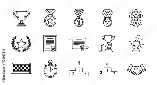 Collection of line icons representing awards and competition, featuring editable strokes, perfect for infographics, articles, books, flyers, banners, and vector cartoon illustrations, symbolizing