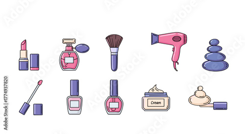A vibrant and clean vector cartoon illustration set featuring essential beauty and spa items, including lipstick, perfume, makeup brush, hairdryer, stacked stones, lip gloss, nail polish, and cream