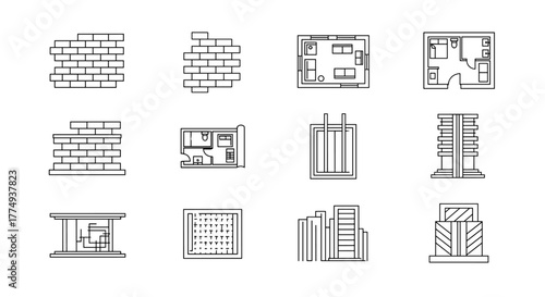 Collection of outline icons representing architectural elements and building components, including various brick wall textures, detailed floor plans of rooms, elevator shafts, doorways, and facade