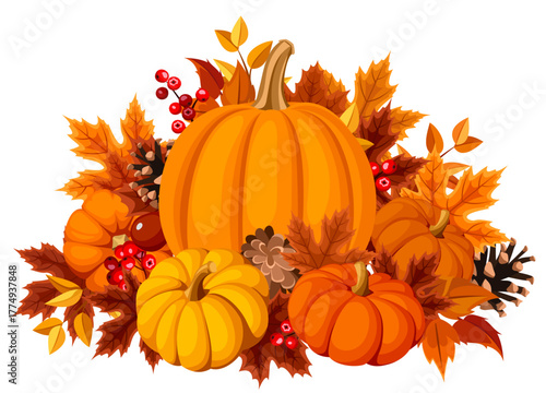 Pumpkins and autumn leaves isolated on a white background. Vector illustration of orange pumpkins and fall leaves