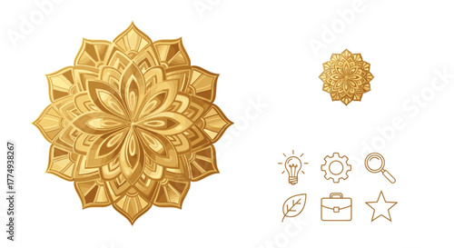 Golden Flower Mandala Logo with Business Icons: A Vector Cartoon Illustration Featuring a Detailed Golden Mandala, a Smaller Mandala, a Lightbulb, Gear, Magnifying Glass, Leaf, Briefcase, and Star