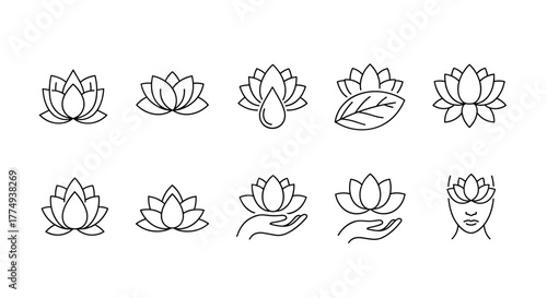 Collection of linear lotus flower icons, symbolizing beauty, spa, and tranquility. This set includes various stylized representations of the lotus, such as single blooms, a lotus with a water
