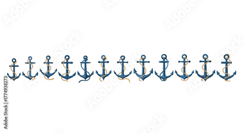 A seamless pattern of blue anchors with beige ropes, arranged in a horizontal line against a stark black background, creating a nautical theme perfect for maritime or travel-related graphic design
