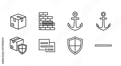 Set of outline icons representing various concepts: a shipping box, a brick wall, an anchor, a shield, and a horizontal line. These minimalist vector graphics are perfect for graphic design, web