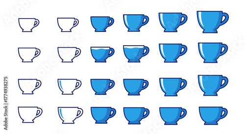 Collection of blue cups in various states of fullness and outline styles, perfect for graphic and web design, apps, adverts, and various cards. This vector cartoon illustration features a clean