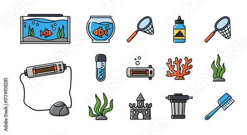 Vivid and detailed cartoon illustration of an aquarium icon set, featuring fish, tanks, nets, heaters, water plants, coral, and cleaning tools, perfect for graphic design, app development, and