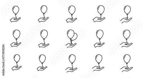 Minimalistic thin line icon of a balloon held gently between two open hands, symbolizing hope, dreams, and care. This versatile vector graphic is perfect for web design, app interfaces, social media