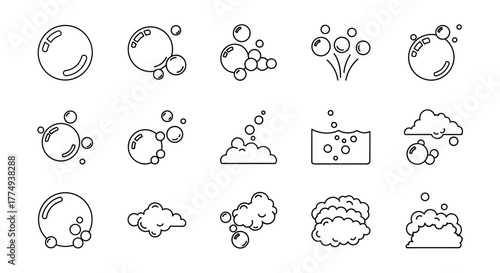 A dynamic and vibrant set of thin line icons representing bubbles and foam, perfect for web design, book illustrations, greeting cards, and application interfaces. This cartoon-style vector