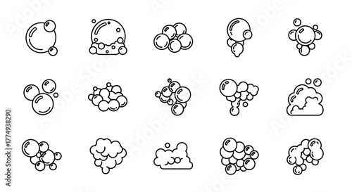 Set of 12 bubble and foam pictograms, perfect for interface elements, social media posts, advertisements, and various card designs. This vector cartoon illustration features a clean white background