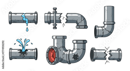 Collection of six cartoon-style illustrations depicting broken pipes with water leaks and cracks, symbolizing plumbing issues, damage, and maintenance needs, presented on a black background for