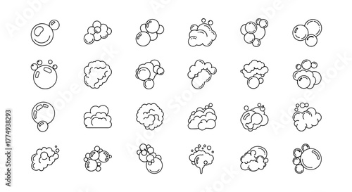 Set of outline icons representing bubbles and foam, perfect for websites, apps, infographics, and various other design purposes. This vector cartoon illustration features a clean white background and