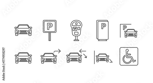 Vector illustration of a car parking icon set, featuring various parking symbols like 'P' signs, parking meters, cars entering and exiting parking spots, and a disabled parking symbol, all rendered