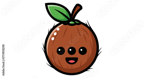 Cute cartoon coconut character with a happy face and a green leaf, isolated on a black background. This tropical fruit illustration is perfect for summer-themed designs, food branding, and children's