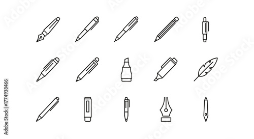 Collection of writing instruments and drawing tools presented as clean line art icons on a stark white background, featuring fountain pens, ballpoint pens, markers, and a quill, ideal for educational