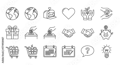 Collection of simple outline icons representing various concepts including a globe, mail, gift, heart, nature held between hands, and a shopping cart, ideal for graphic design, app development, and