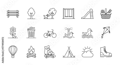 Set of outline vector illustrations representing park and outdoor activities, including a bench, trees, dog, playground, slide, picnic basket, flower, trash can, bicycle, duck, kite, hot air balloon