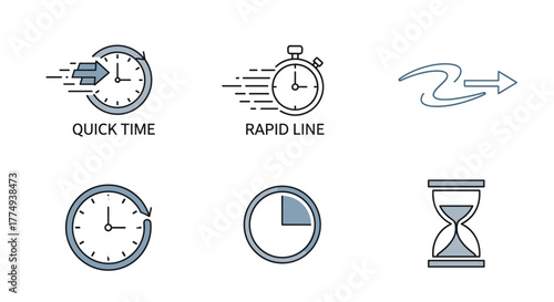 Set of six modern flat icons representing time and speed, including a fast-moving clock with an arrow, a stopwatch with motion lines, a circular arrow indicating repetition, a clock face with a